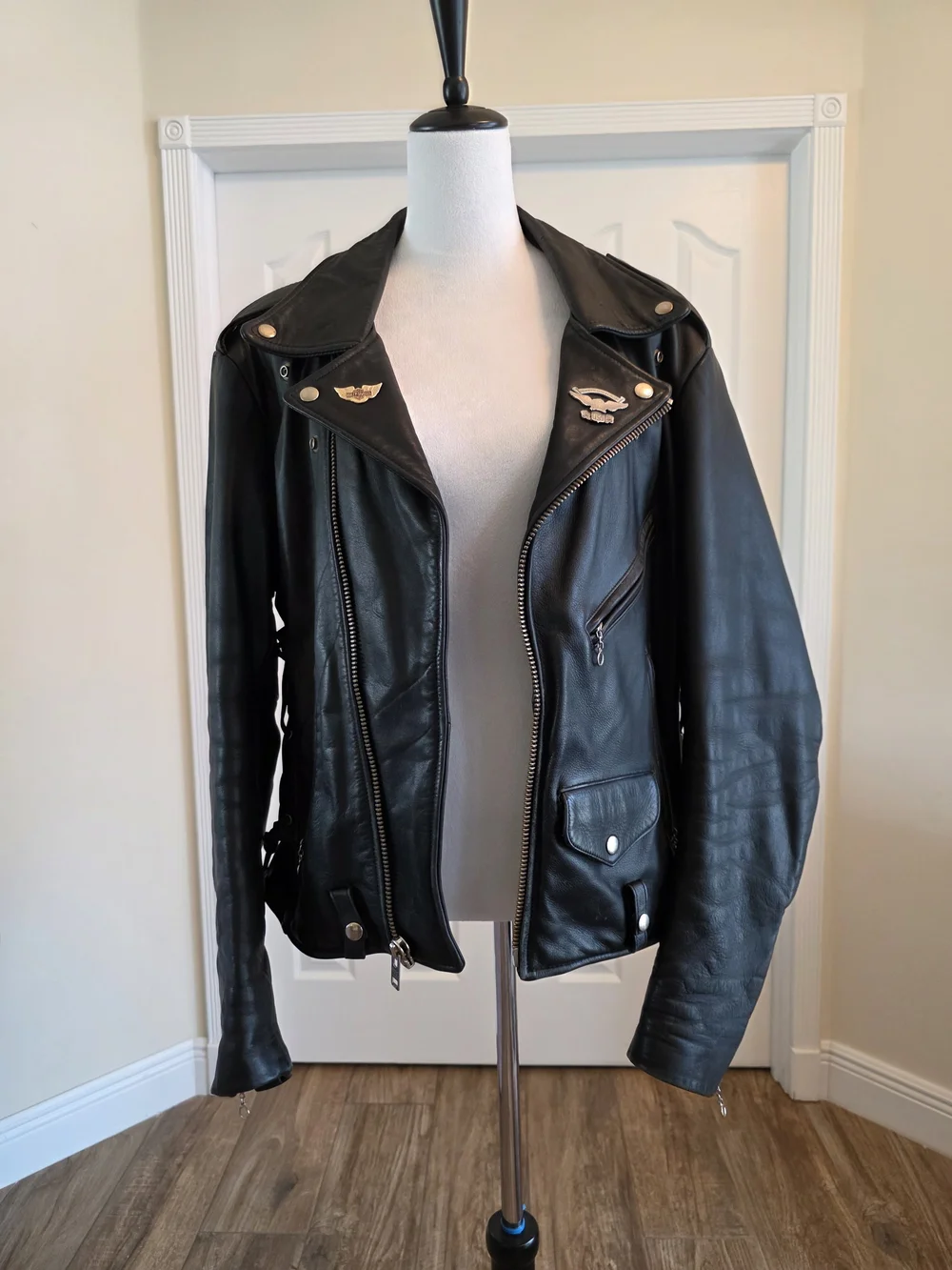 Vintage 1991 German Leather Motorcycle Jacket Harley Davidson Artwork- Mens 46